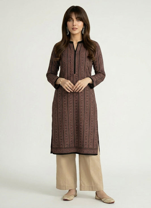 Ajrak Design Dress — Black Stripe Kurta with Calamansi Color Trouser | Hand Block Printed Unstitched Lawn Two-Piece