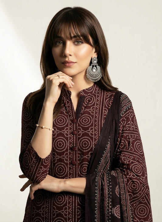 Organic Dye Hand Block Printed Ajrak Chunri Maroon Two‑Piece Lawn Set – Unstitched Shirt & Dupatta