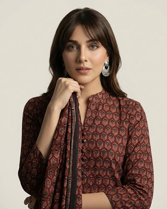Organic Dye Hand Block Printed Ajrak Floral Maroon Two-Piece Dress – Lawn (Shirt & Dupatta)
