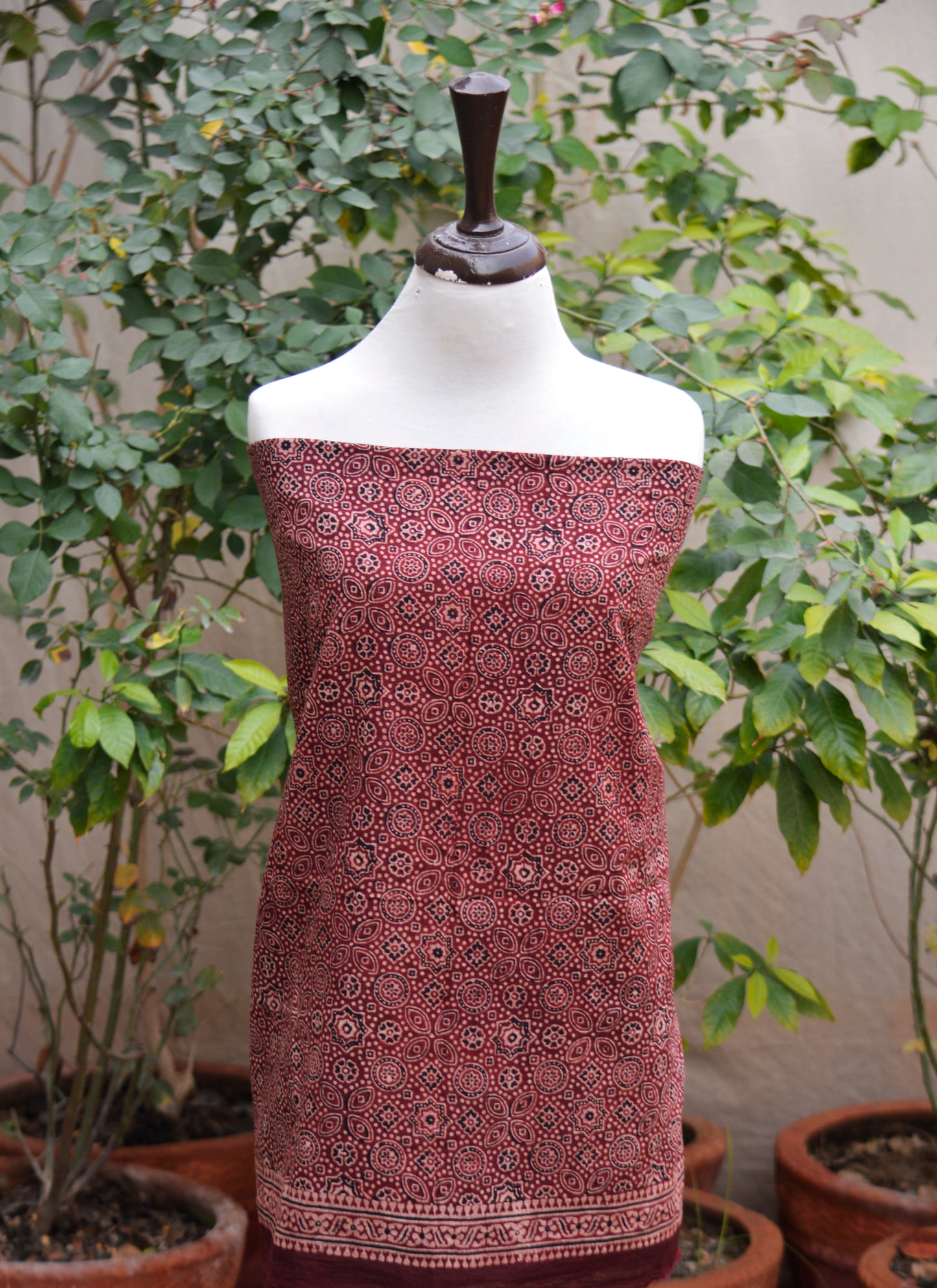 Ajrak Design Dress Maroon Lawn– Organic Dye Hand Block Printed Luxury Ethnic Wear