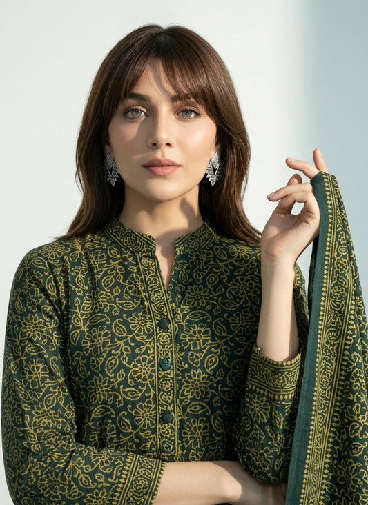 Ajrak Green Floral Bel – Unstitched Lawn Two-Piece (Shirt & Dupatta)
