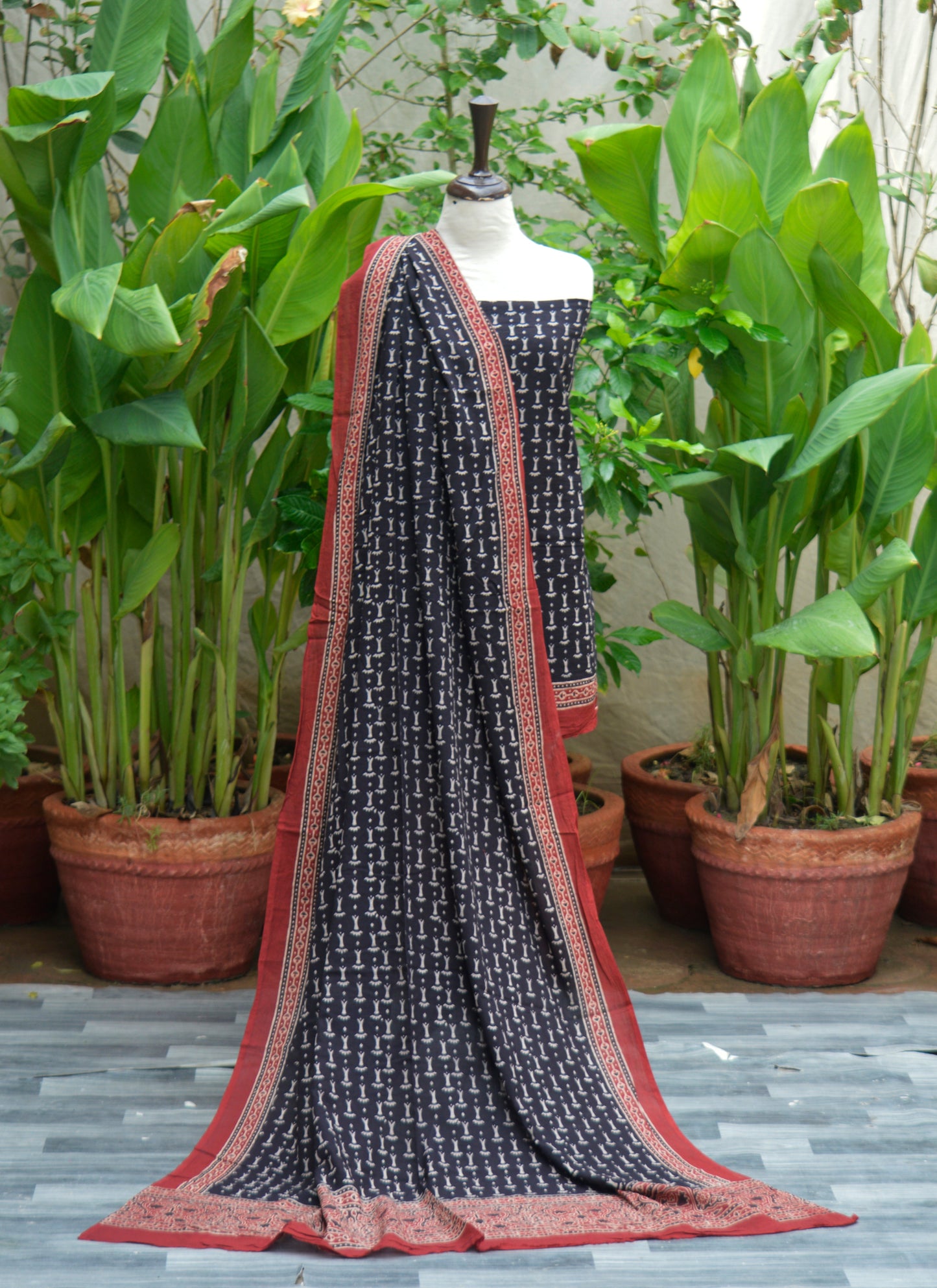Organic Dye Hand Block Printed Ajrak Black Contrast Bone Two-Piece – Unstitched Lawn Fabric