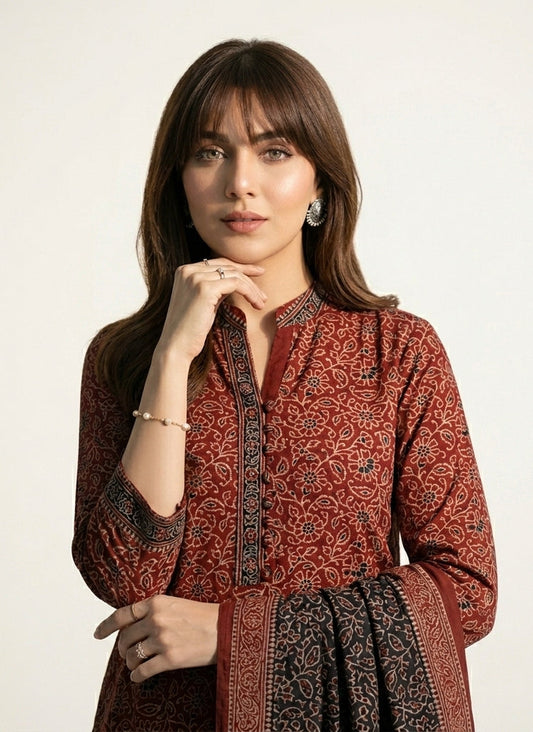 Ajrak Floral Bel Red & Black – Organic Dye Hand Block Printed Unstitched Cotton Two-Piece Set (Shirt & Dupatta)