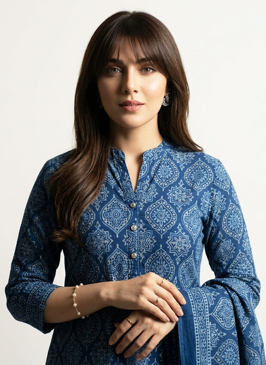 Ajrak Indigo Badam – Organic Dye Hand Block Printed Unstitched Two-Piece Lawn