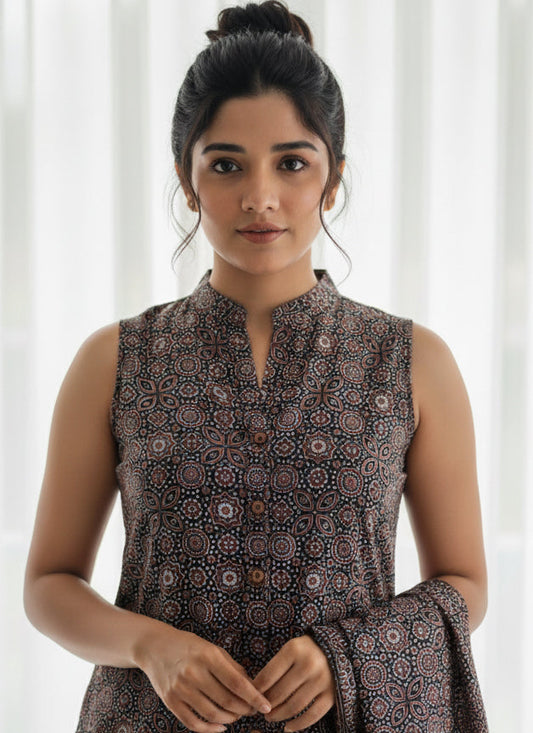 Organic Dye Hand Block Printed Ajrak Classical Two-Piece Set – Unstitched Shirt & Dupatta (Lawn)