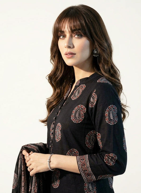Organic Dye Hand Block Printed Ajrak Black Base Two Tone Anbi Two-Piece Suit – Lawn Shirt & Dupatta | Ajrak Design Dress