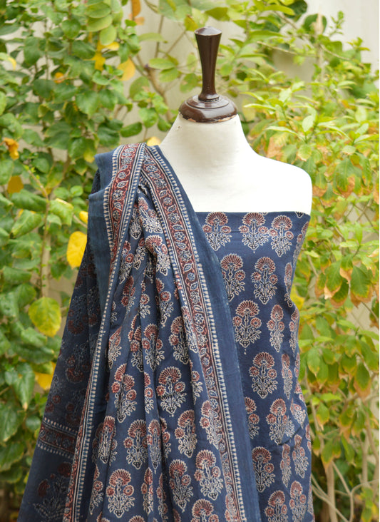 Organic Dye Hand Block Printed Ajrak Dark Blue Floral Butta with Maroon Filling – Unstitched Lawn Two-Piece (Shirt & Dupatta)