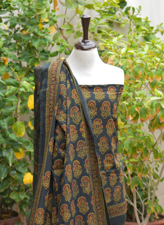 Organic Dye Hand Block Printed Ajrak Green Floral Butta with Maroon Filling – Unstitched Lawn Two-Piece (Shirt & Dupatta)