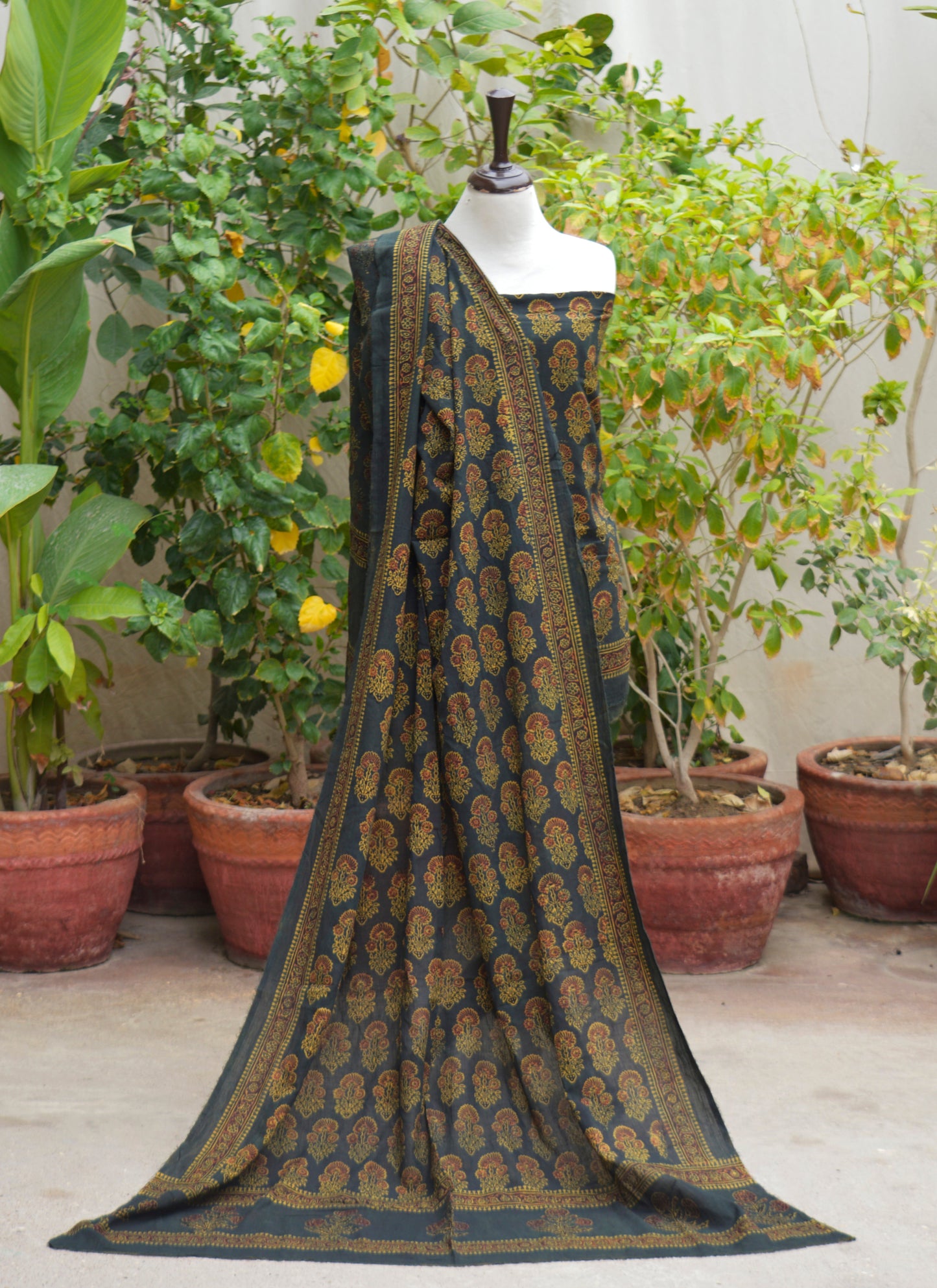 Organic Dye Hand Block Printed Ajrak Green Floral Butta with Maroon Filling – Unstitched Lawn Two-Piece (Shirt & Dupatta)
