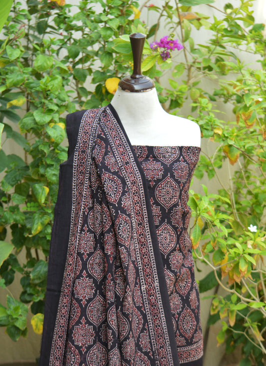 Organic Dye Hand Block Printed Ajrak Design Dress Two Tone Badam – Unstitched Lawn Two-Piece (Shirt & Dupatta)