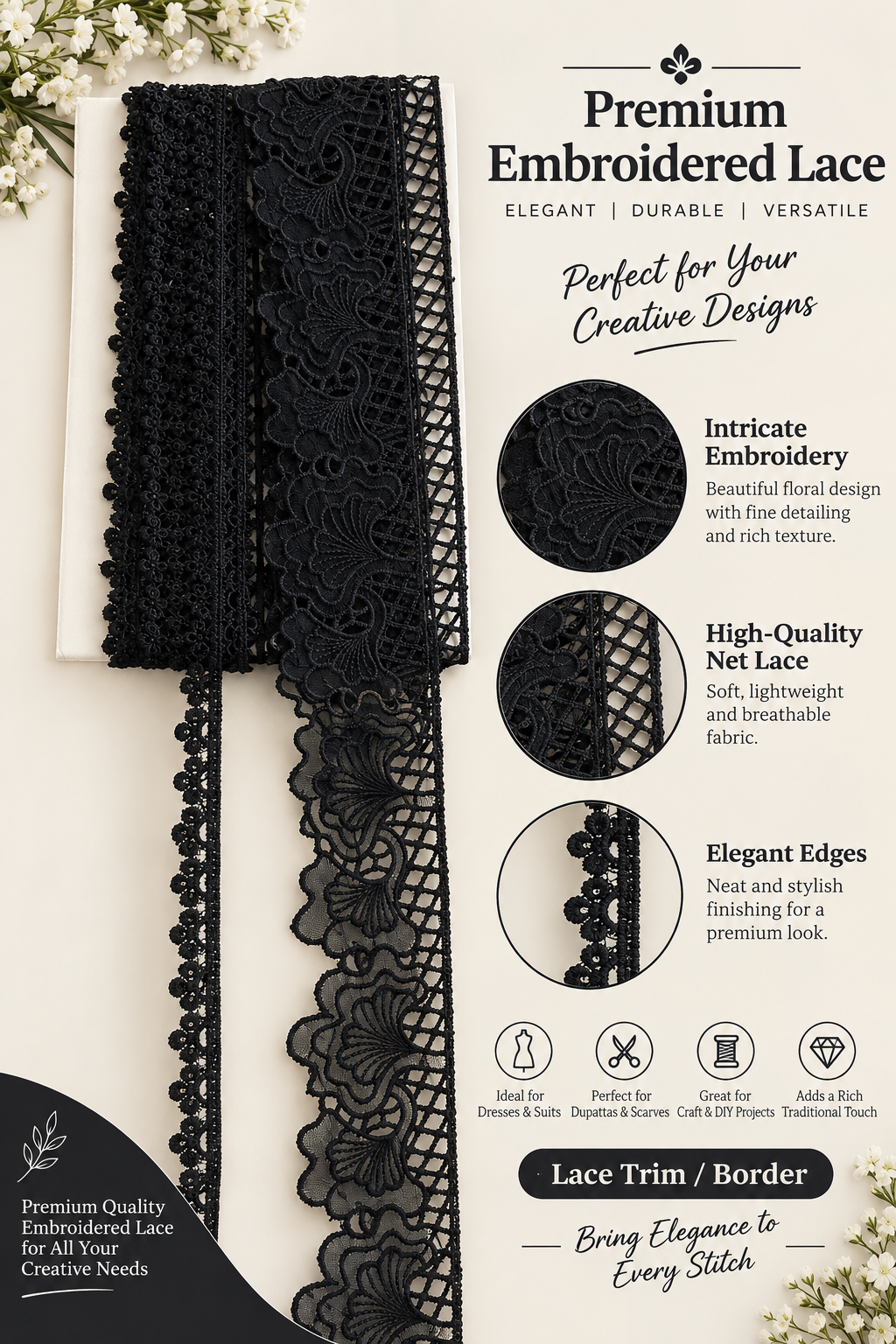 Premium Scalloped Lace- Black