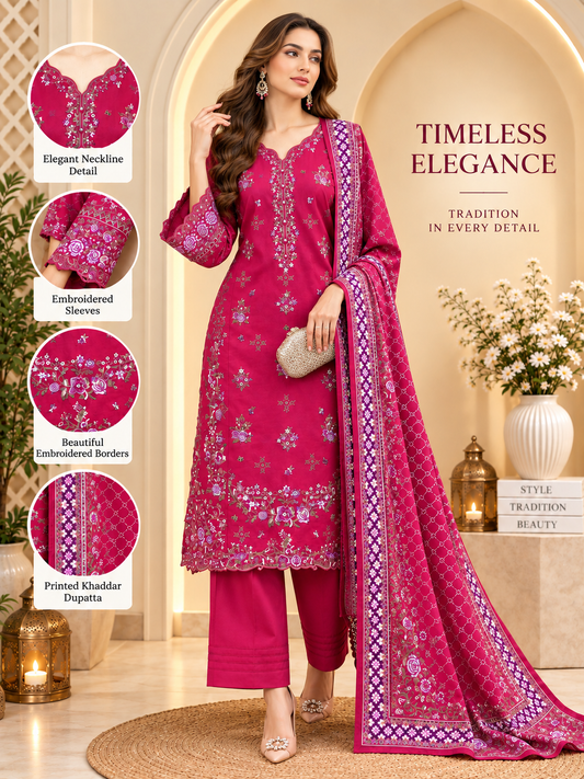 Peach Pink - 3pcs Ready-to-Wear Cambric Suit
