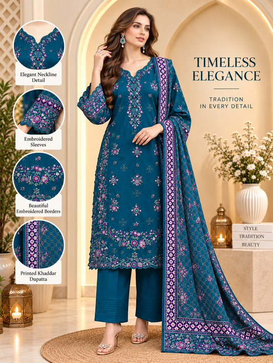 Deep Teal - 3pcs Ready-to-Wear Cambric Suit