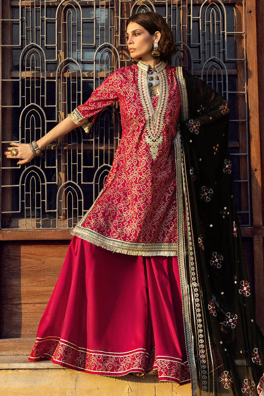 3 Piece Gold Printed Lawn Suit with Zari and Sequins Embroidered Chiffon Dupatta and Dyed Trouser BM-62041