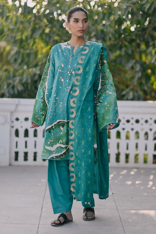 3 Piece Gold Printed Lawn Suit with Embroidered Lacquer Printed Dupatta CL-52512