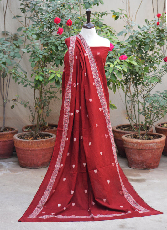Organic Dye Hand Block Printed Ajrak Design Dress – Red Heart Two-Piece Lawn (Shirt & Dupatta)