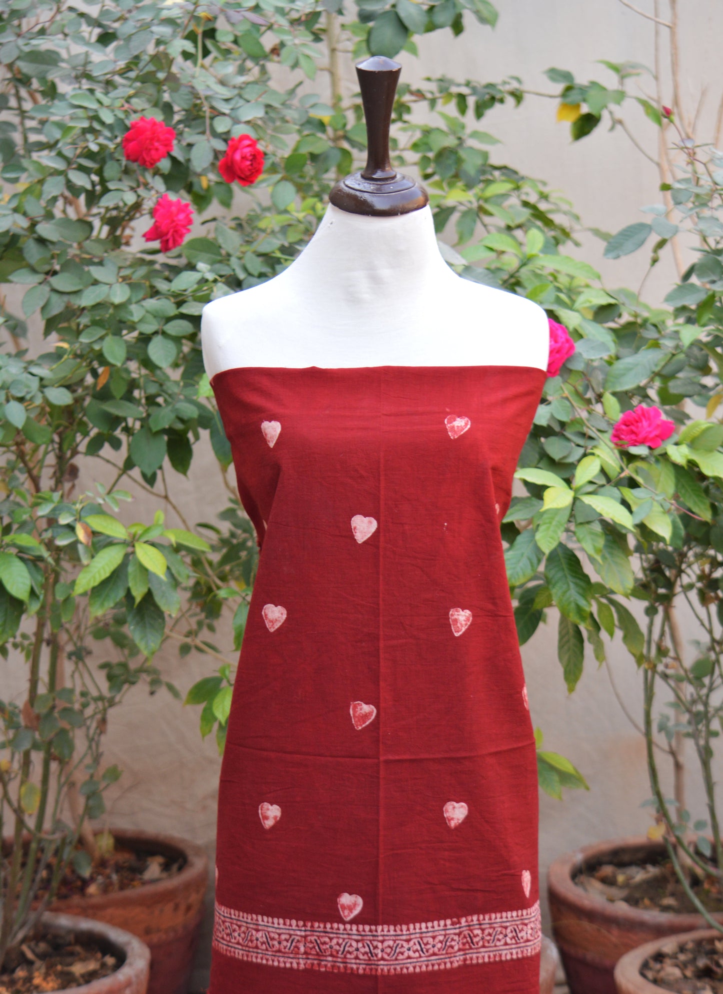 Organic Dye Hand Block Printed Ajrak Design Dress – Red Heart Two-Piece Lawn (Shirt & Dupatta)
