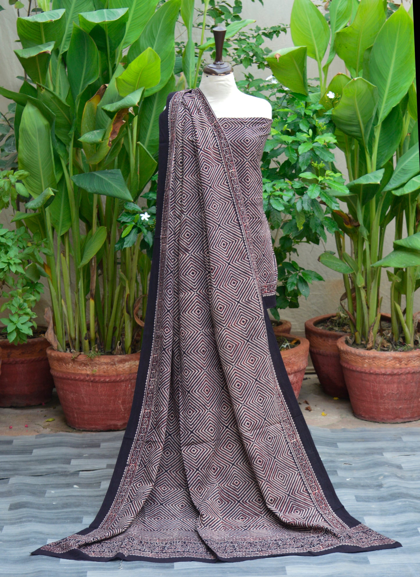 Organic Dye Ajrak Ikat – Hand Block Printed Unstitched Two-Piece (Shirt & Dupatta) Premium Lawn | Ajrak Design Dress