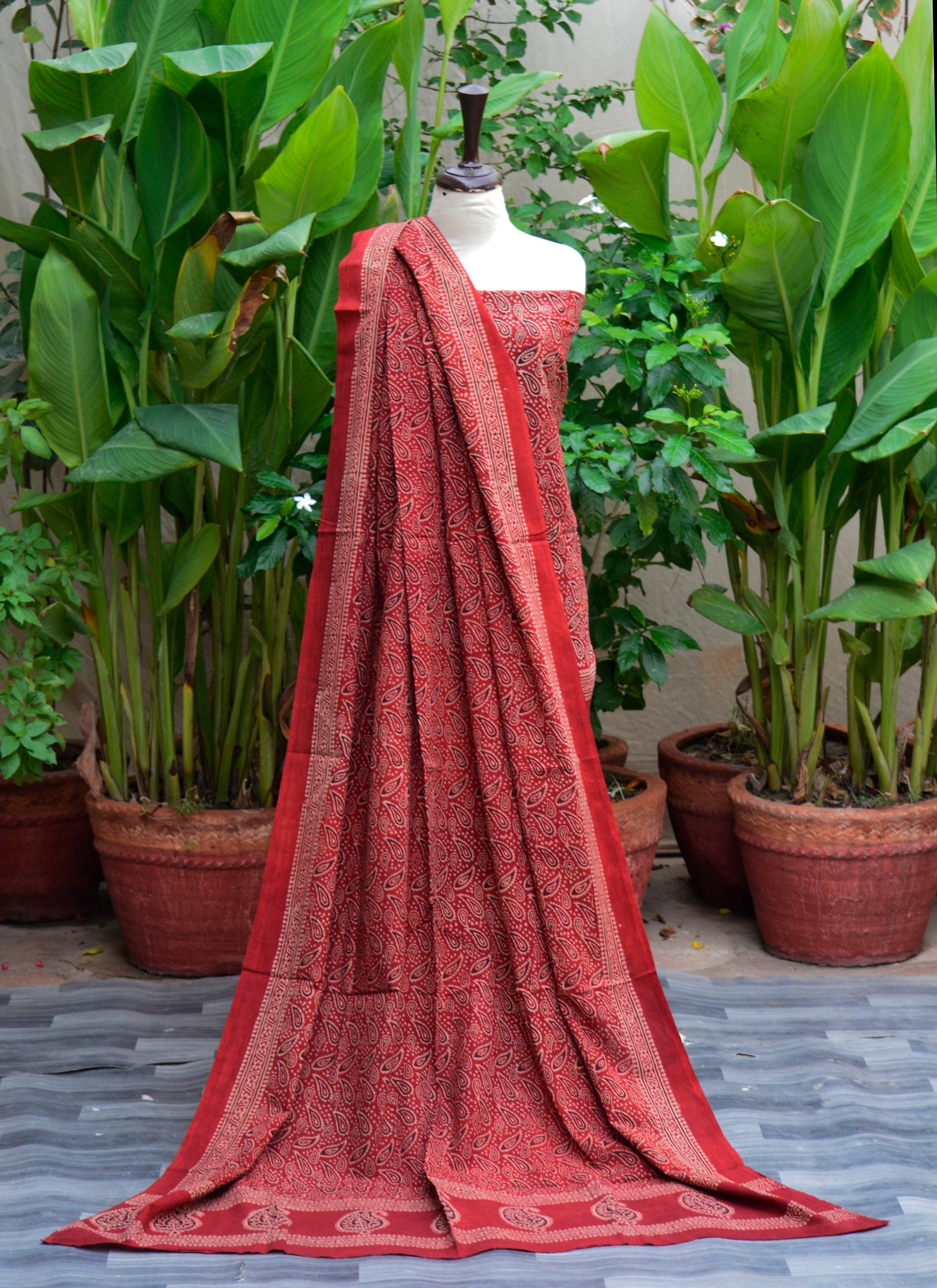 Ajrak Kerry Sharp Red – Organic Dye Hand Block Printed Unstitched Two-Piece (Shirt & Dupatta) | Ajrak Design Dress