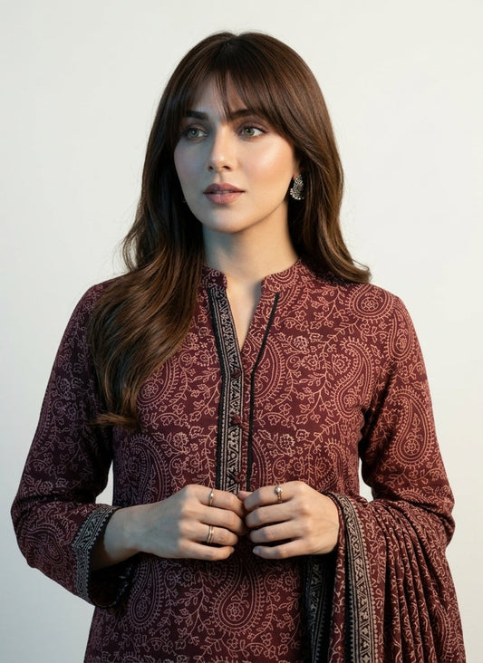 Organic Dye Hand Block Printed Ajrak Luxurious Anbi Two-Piece – Premium Lawn Unstitched Shirt & Dupatta | Ajrak Design Dress