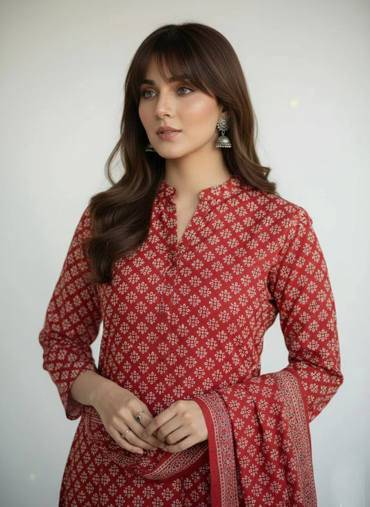 Organic Dye Hand Block Printed Ajrak Floral Two-Piece Set – Lawn (Shirt & Dupatta)