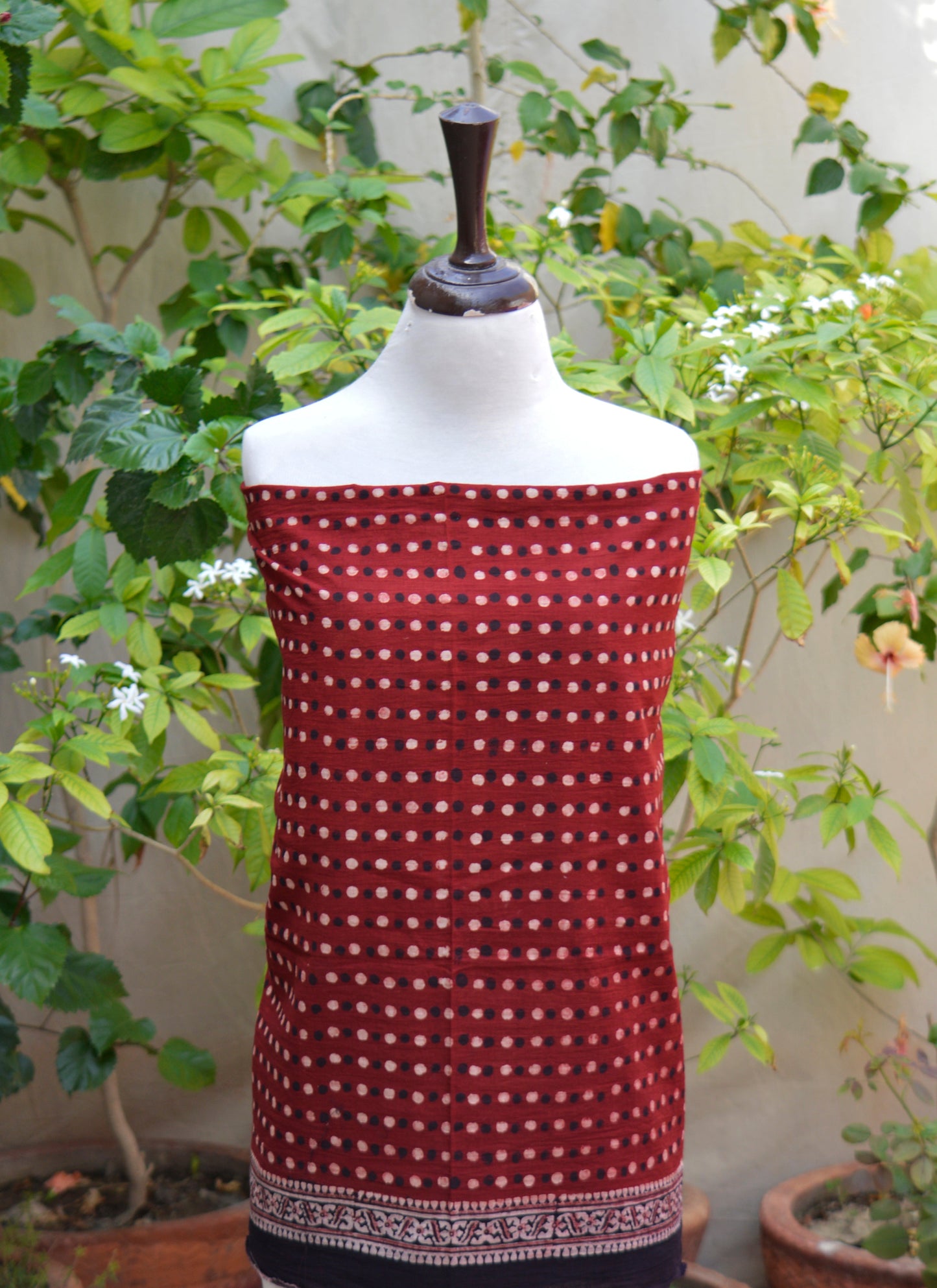 Ajrak Maroon Red Polka Dot Shirt & Dupatta Set Lawn – Luxury Organic Dye Hand Block Print Ajrak Design Dress