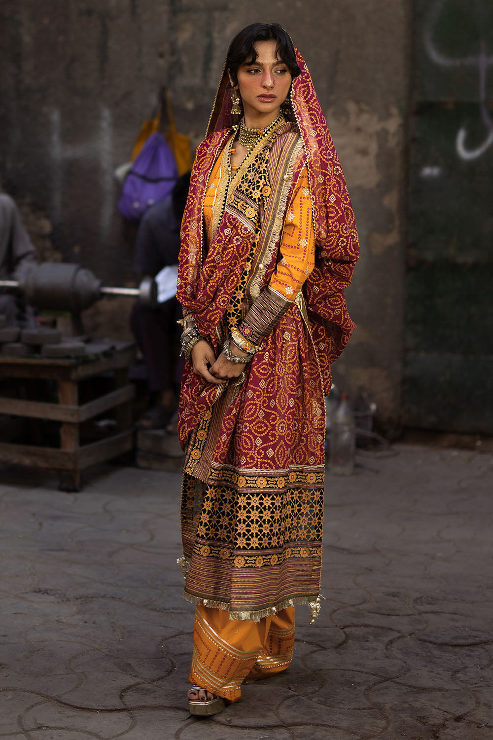 3 Piece Embroidered Gold and Lacquer Printed Lawn Suit with Gold and Lacquer Printed Chiffon Dupatta and Dyed Trouser BM-62029
