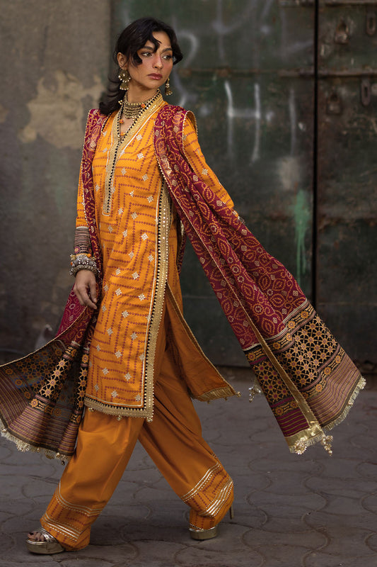 3 Piece Embroidered Gold and Lacquer Printed Lawn Suit with Gold and Lacquer Printed Chiffon Dupatta and Dyed Trouser BM-62029