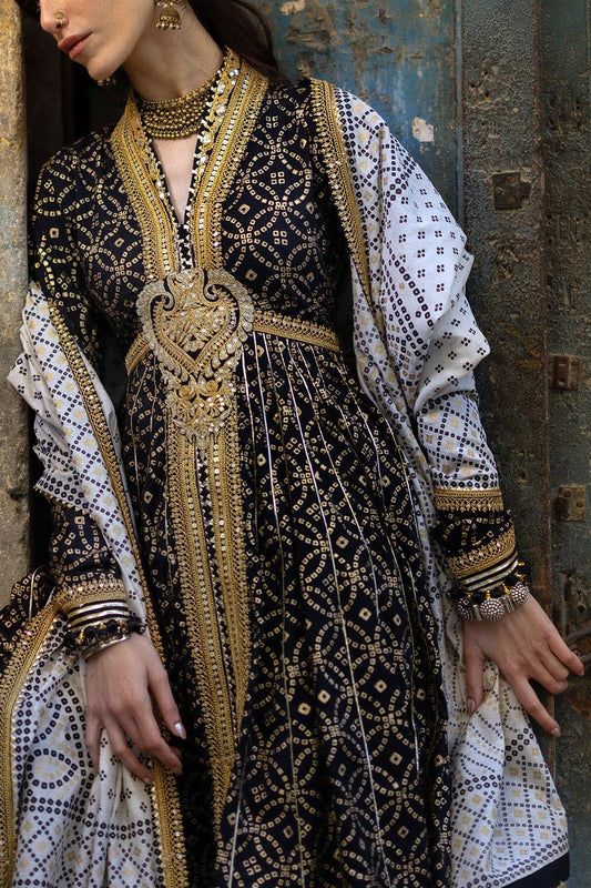 3 Piece Gold Printed Lawn Suit with Gold and Lacquer Printed Mehsuri Dupatta and Dyed Trouser SP-62011