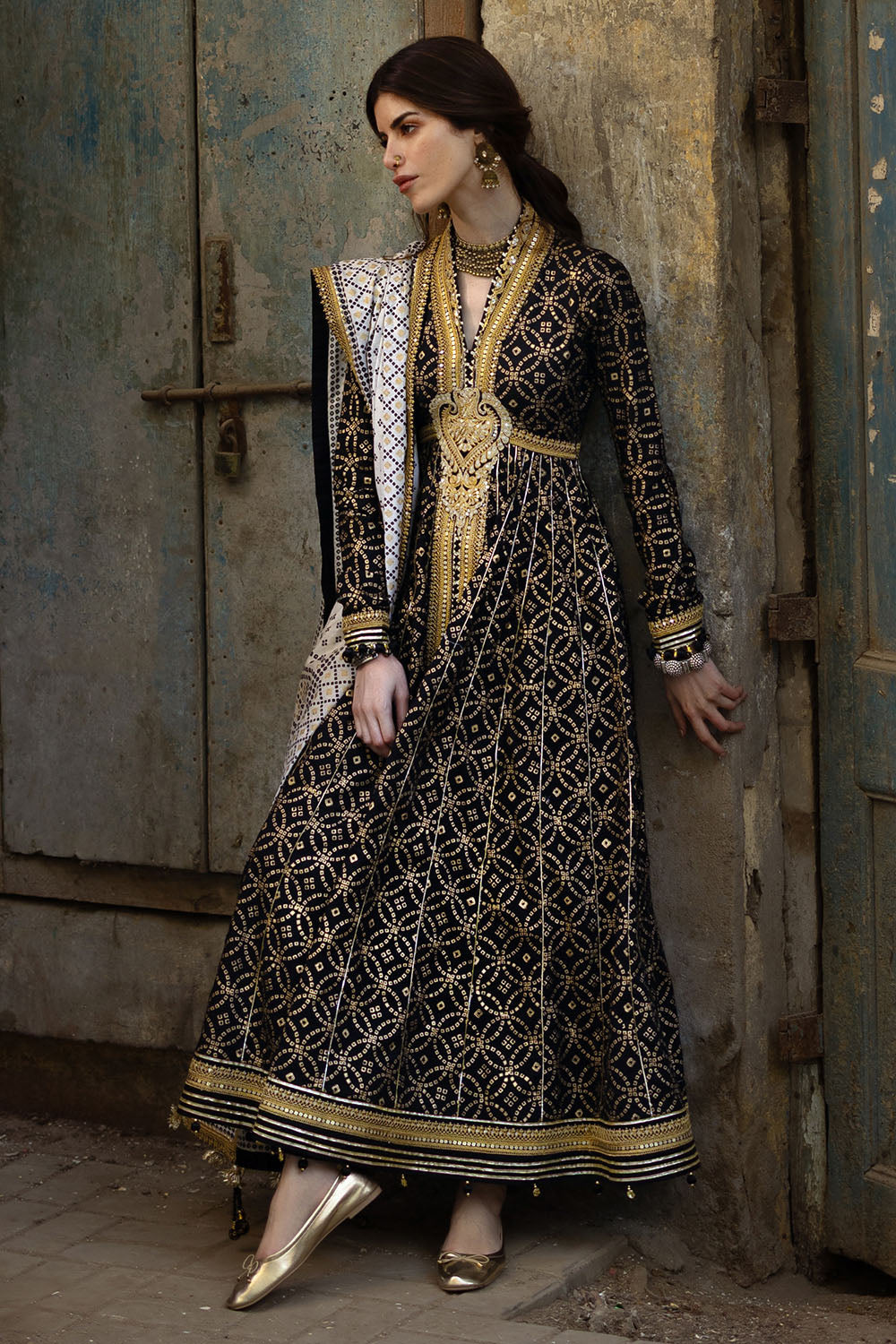 3 Piece Gold Printed Lawn Suit with Gold and Lacquer Printed Mehsuri Dupatta and Dyed Trouser SP-62011