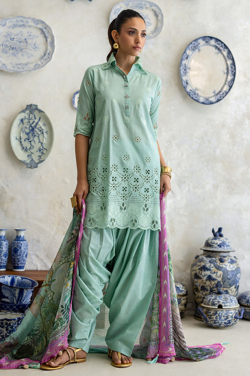 3 Piece Schiffli Embroidered Lawn Suit with Silk Dupatta S-62013