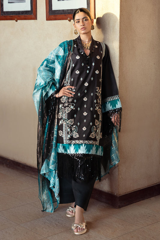 3 Piece Embroidered Dobby Suit with Borders and Zari Dupatta FE-52064