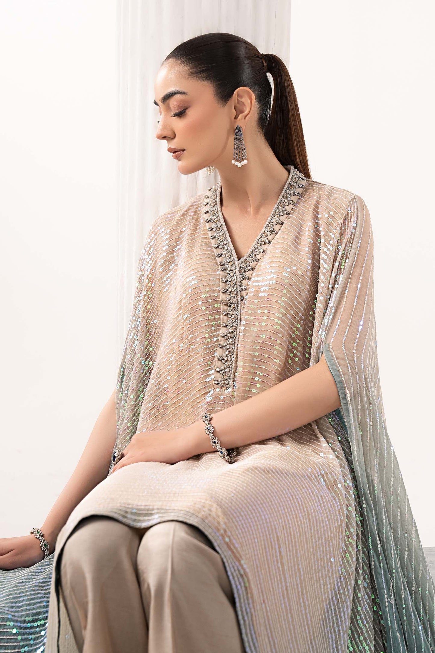 3 Piece Embroidered Chiffon Suit (Beige and Green)