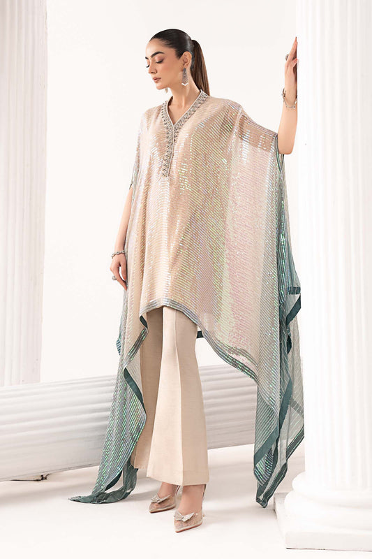 3 Piece Embroidered Chiffon Suit (Beige and Green)