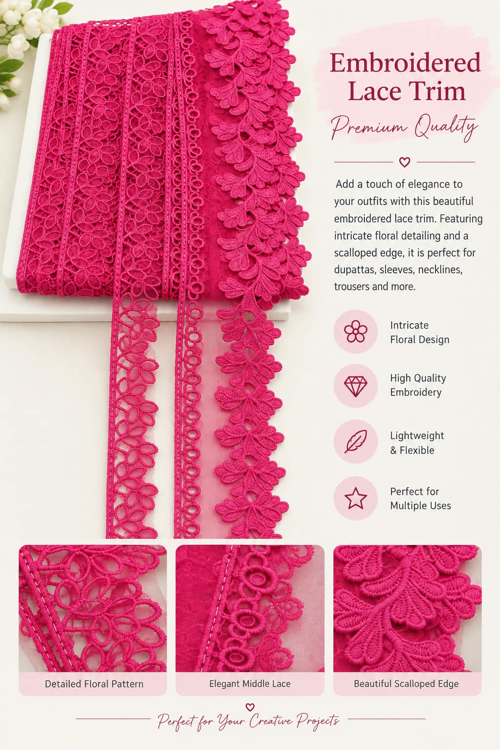 Premium Scalloped Lace- Fucshia Pink