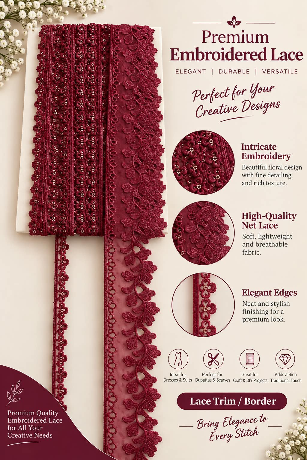 Premium Scalloped Lace- Maroon
