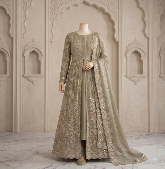 Olive Green Multi Cutdana - Sheesha Silk