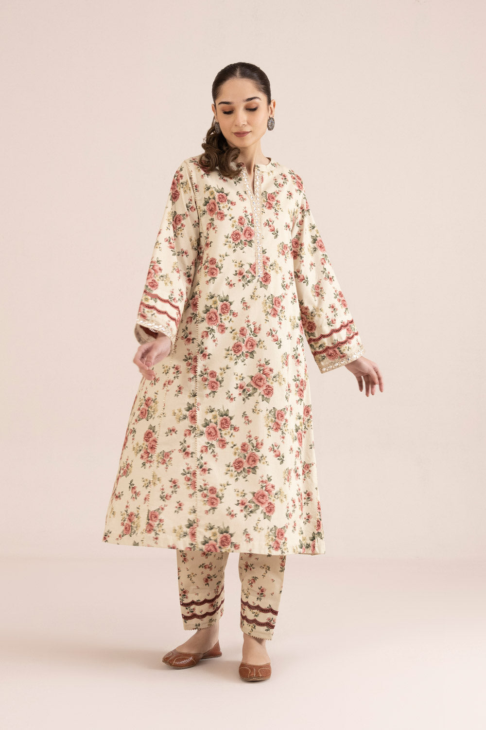 2 Piece - Printed Cambric Suit - Off White