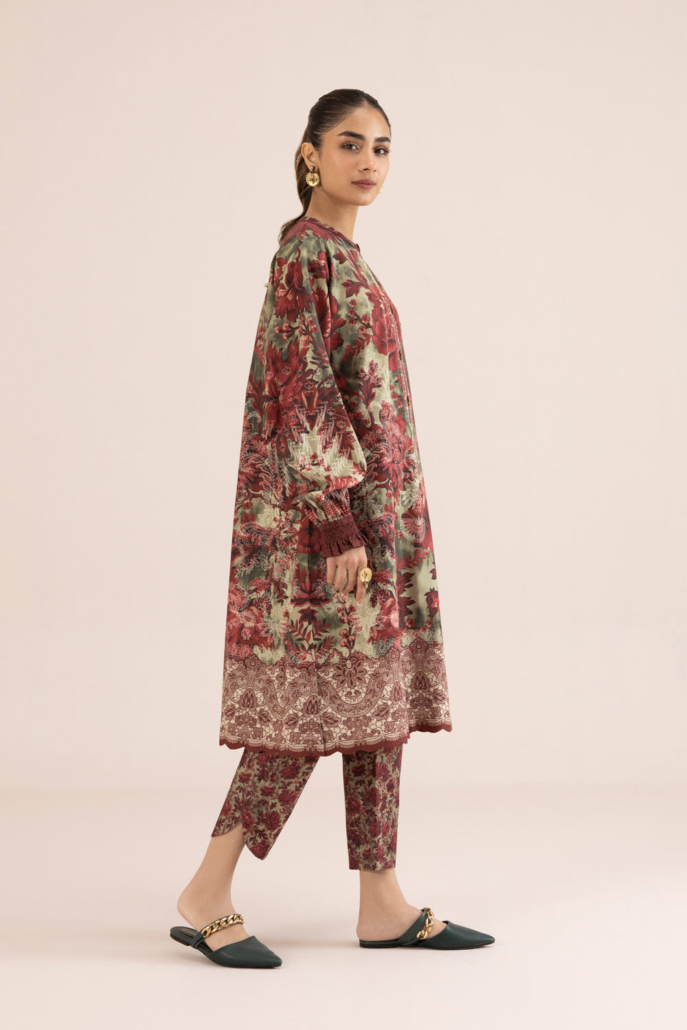 2 Piece - Printed Cambric Suit - Maroon