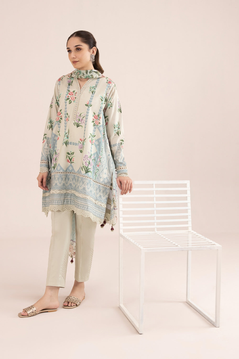 3 Piece - Printed Cambric Suit - Beige