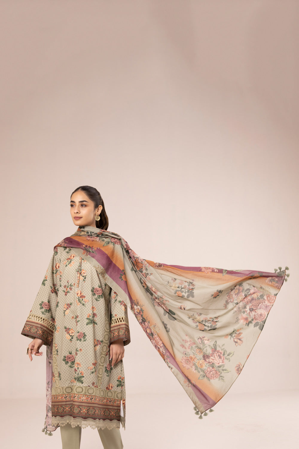 3 Piece - Printed Cambric Suit - Beige