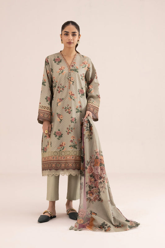 3 Piece - Printed Cambric Suit - Beige