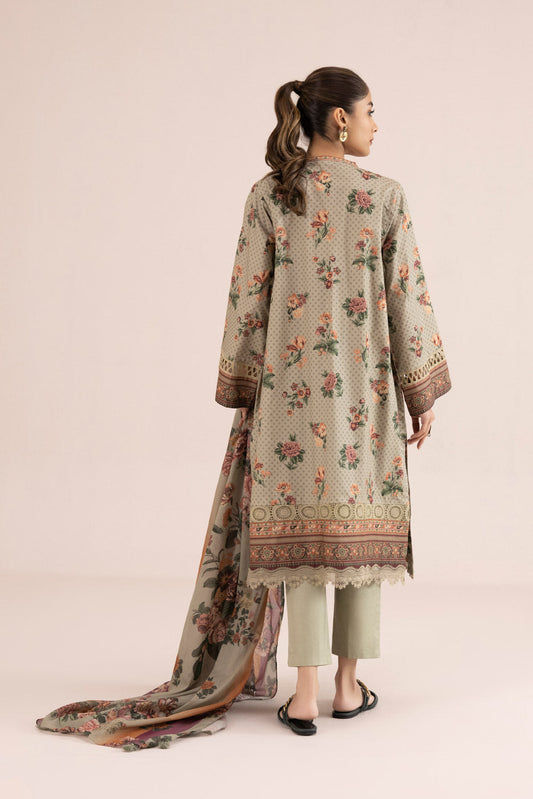 3 Piece - Printed Cambric Suit - Beige