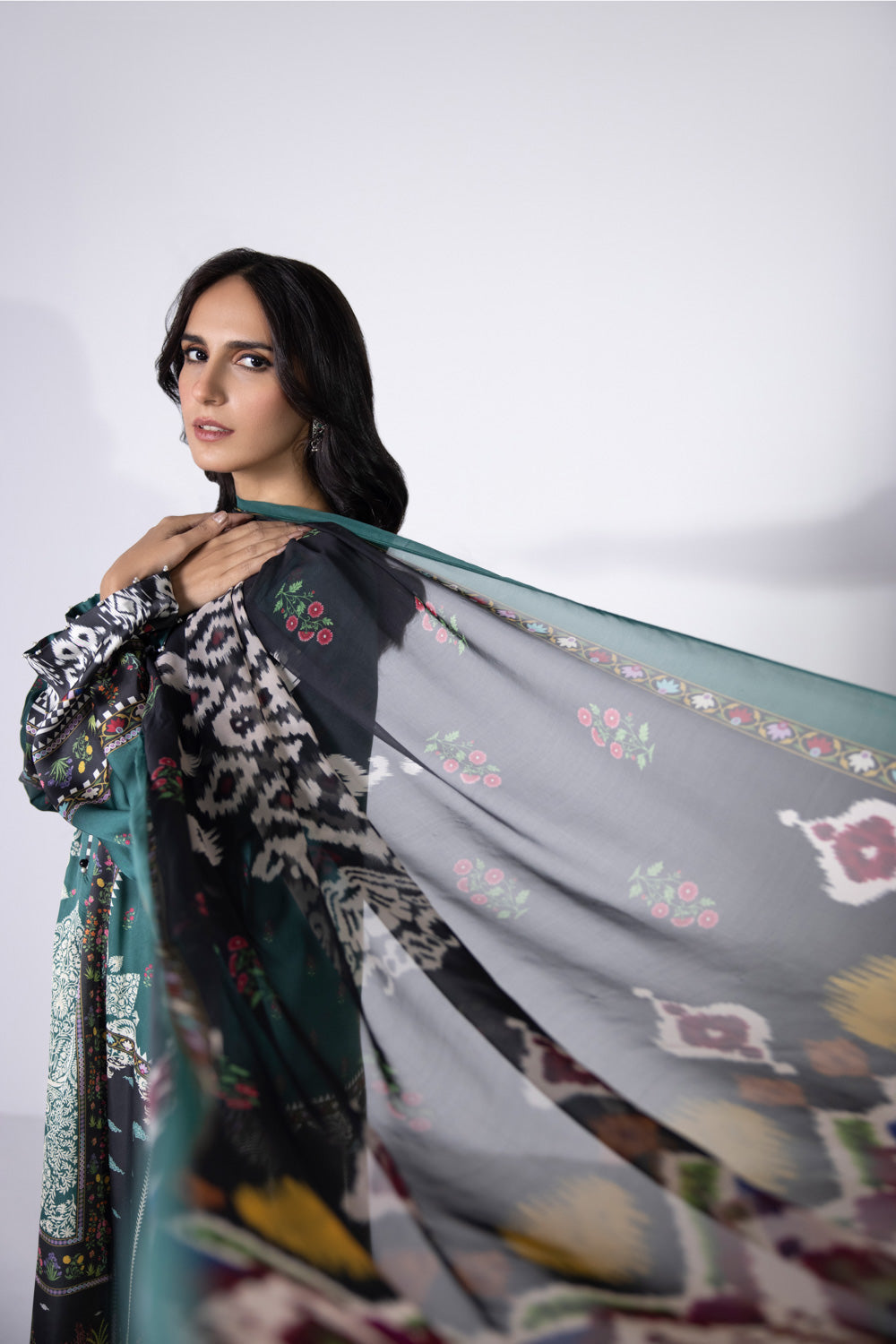 3 Piece - Printed Satin Suit - Teal