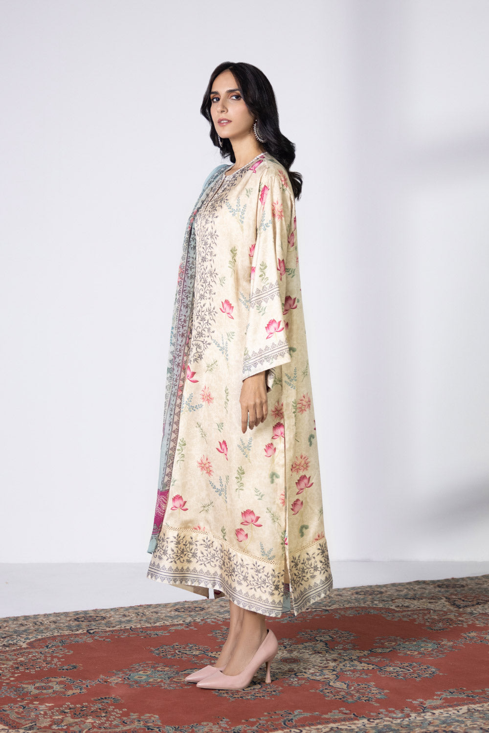 3 Piece - Printed Satin Suit - Off White