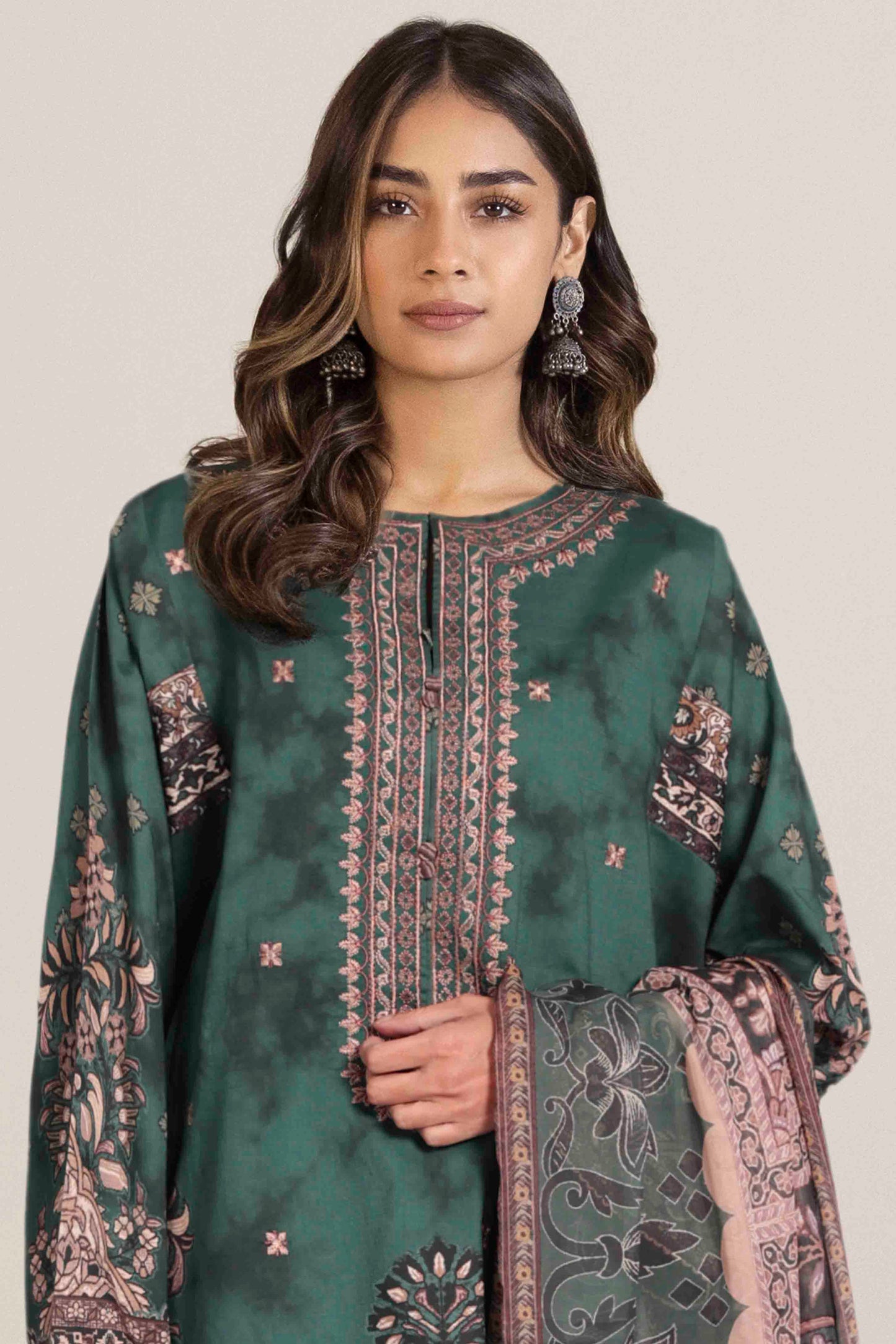 3 Piece - Embroidered Lawn Suit - Emerald Green