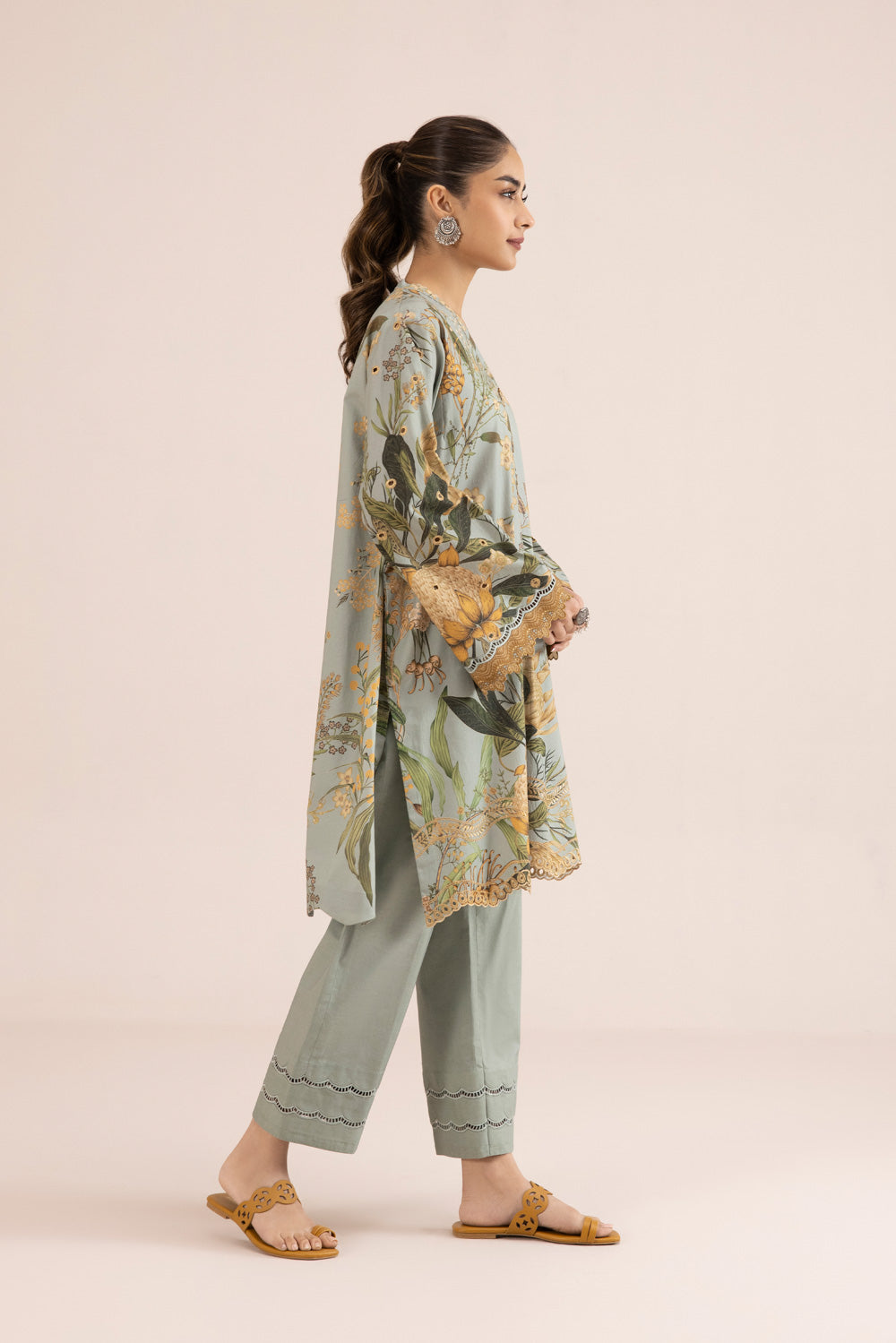 2 Piece - Embroidered Cambric Suit - Aqua