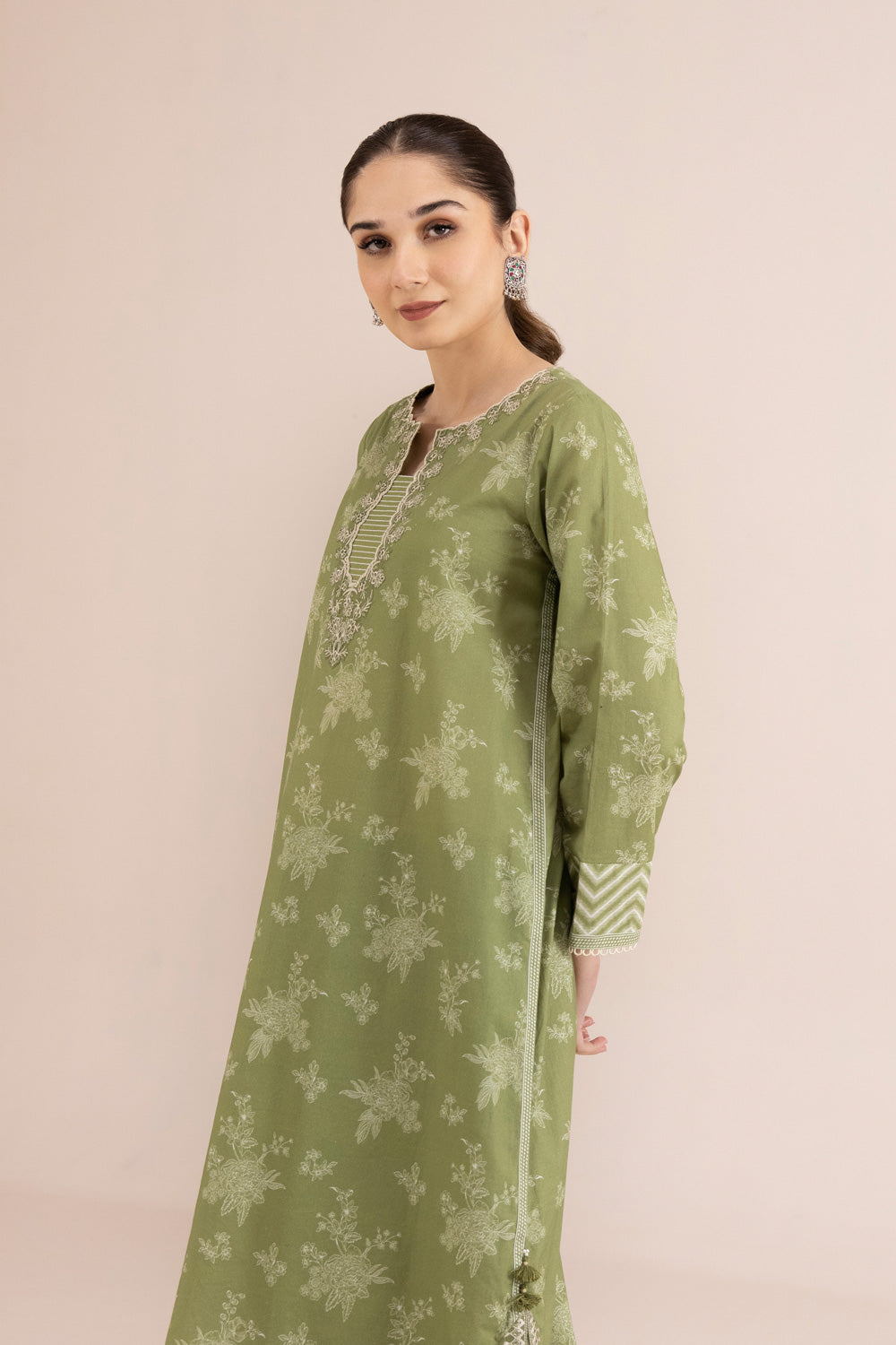 2 Piece - Embroidered Cambric Suit - Olive Green