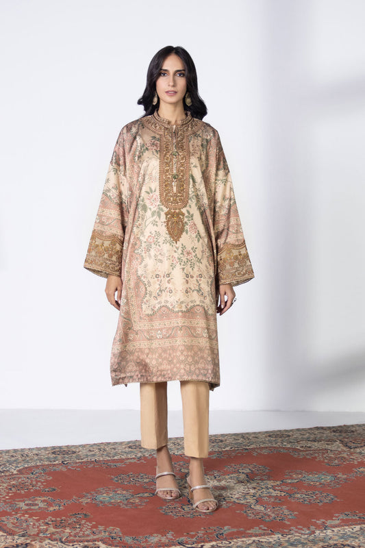 2 Piece - Embroidered Raw Silk Suit - Beige