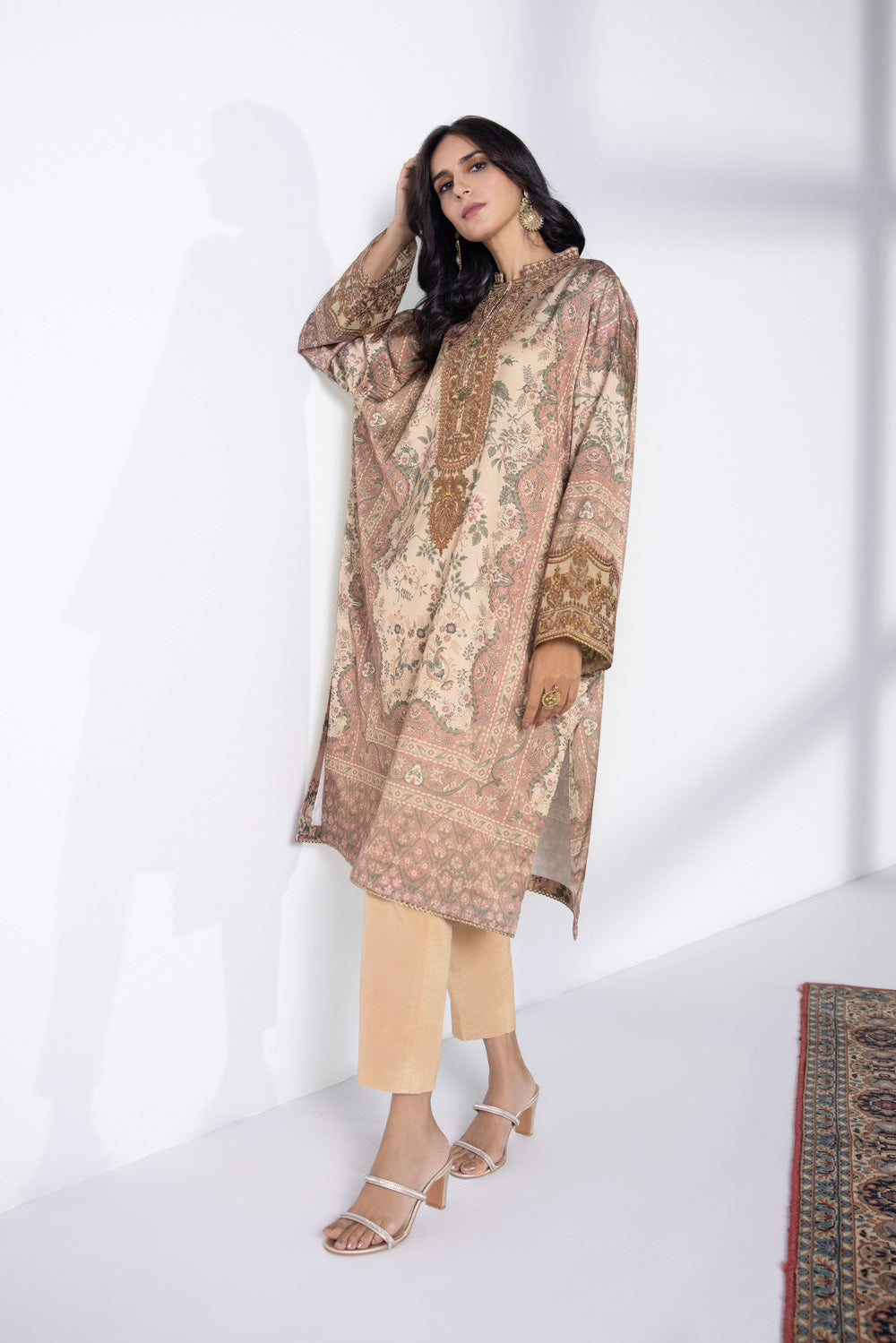 2 Piece - Embroidered Raw Silk Suit - Beige